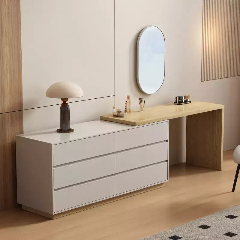 Mid-Century Modern Retractable Vanity Table, Dresser and Storage Cabinet, Natural Wood Color