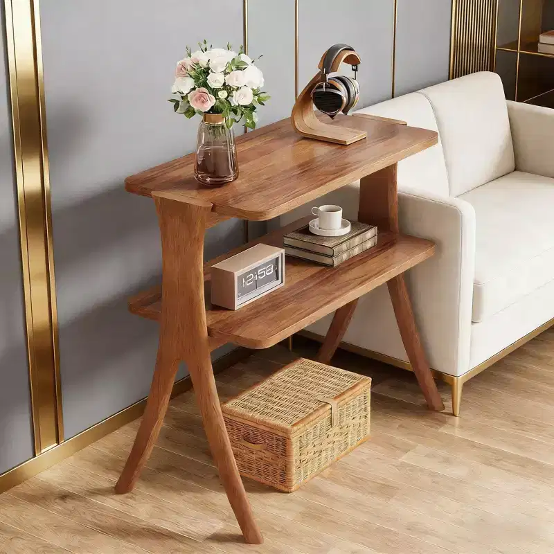 Wood End Table, Farmhouse Side Table with 2-Tier Storage Shelf