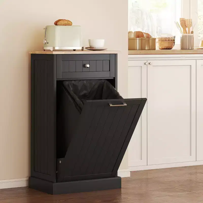 HOMCOM Kitchen Tilt Out Trash Bin Cabinet Free Standing Recycling Cabinet Trash Can Holder With Drawer