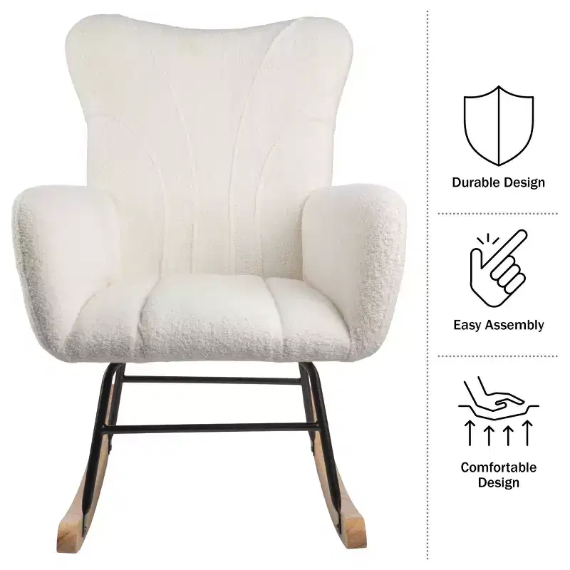 Rocking Chair Teddy Fabric Upholstered Chair Ergonomic Modern Rocker