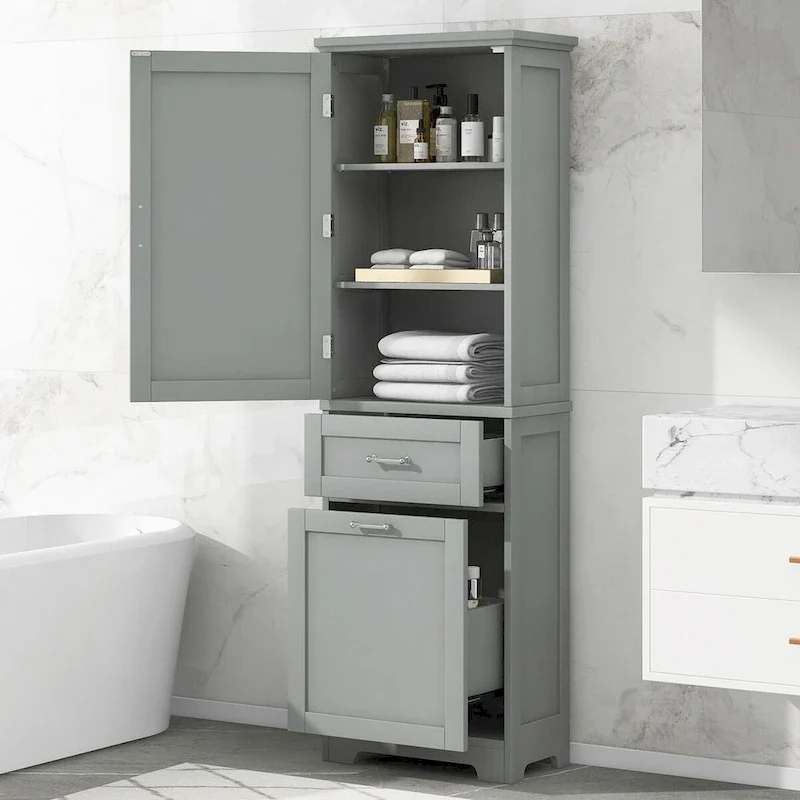Tall Bathroom Storage Cabinet, Freestanding with Two Drawers and Adjustable Shelf, MDF Board