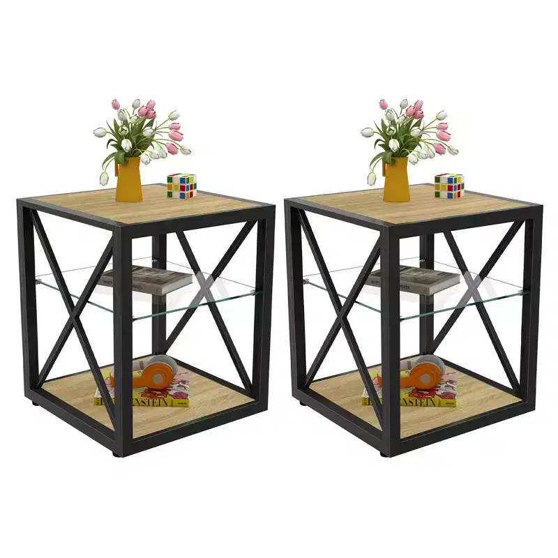 Set of 2 Modern End Tables with Drawer - Rustic Wood-Grain MDF and Tempered Glass Top Nightstands for Bedroom and Living Room