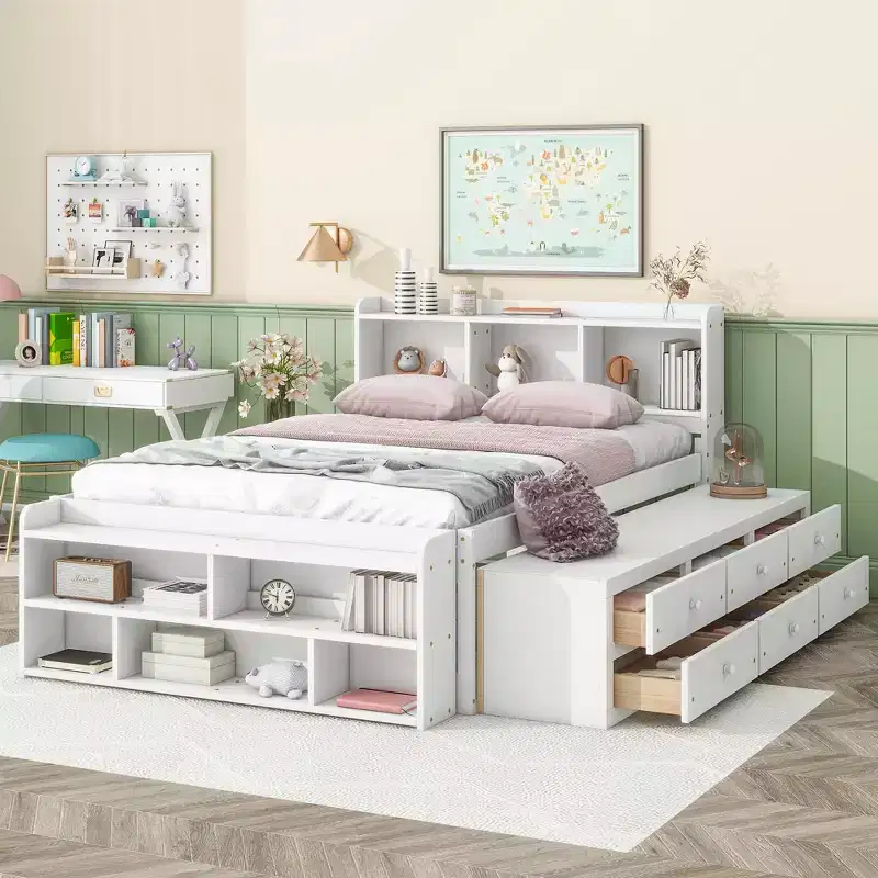 Full Size Solid Wood Bed with Bookcase Headboard, Under-Bed Storage Drawers and Bed End Storage Case, White