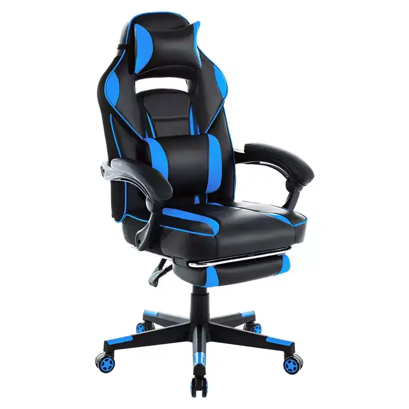 Gaming Chair, Gaming Chair with Footrest and Massage Lumbar Support, Ergonomic Design, High-Back PU Leather Recliner with Headrest, 360 Rotation