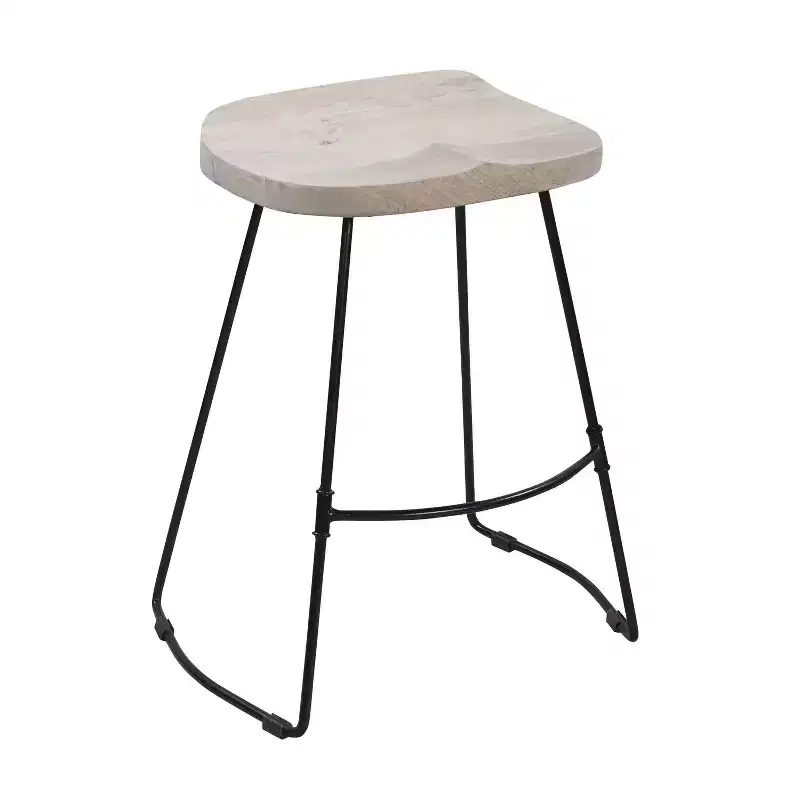 24" Backless Counter Height Barstool Whitewashed Mango Wood Saddle Seat Black Metal Base White/Black