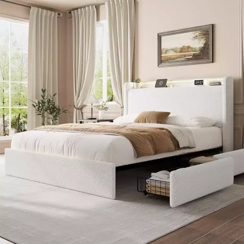 Upholstered Bed Frame with 4 Drawers, Headboard, LED Lights & Charging Station, No Box Spring