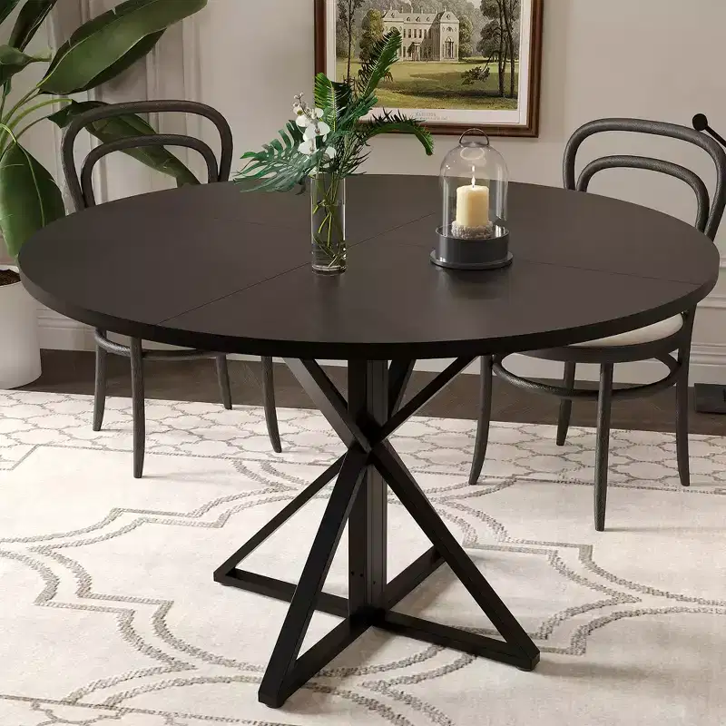 47 Wooden Circle Coffee Table with Metal Pedestal & 4 Parts of Tabletop, Save Space for Home Kitchen