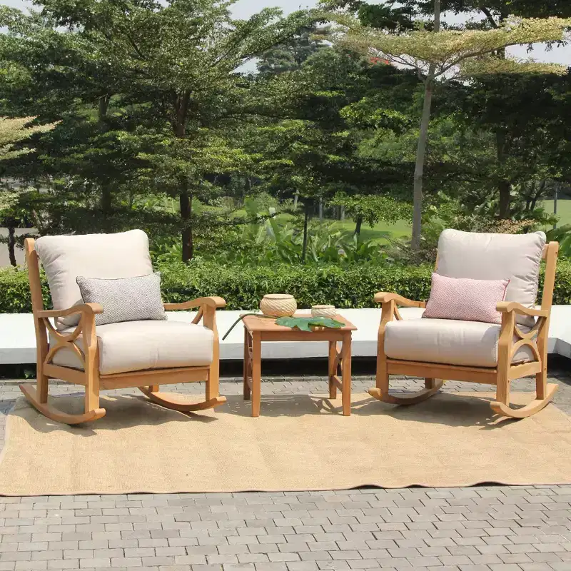 Sonoma Lane Alamo 3pc Teak Outdoor Rocker Conversation Set – Weather-Resistant with Zippered Beige Cushions and Side Table