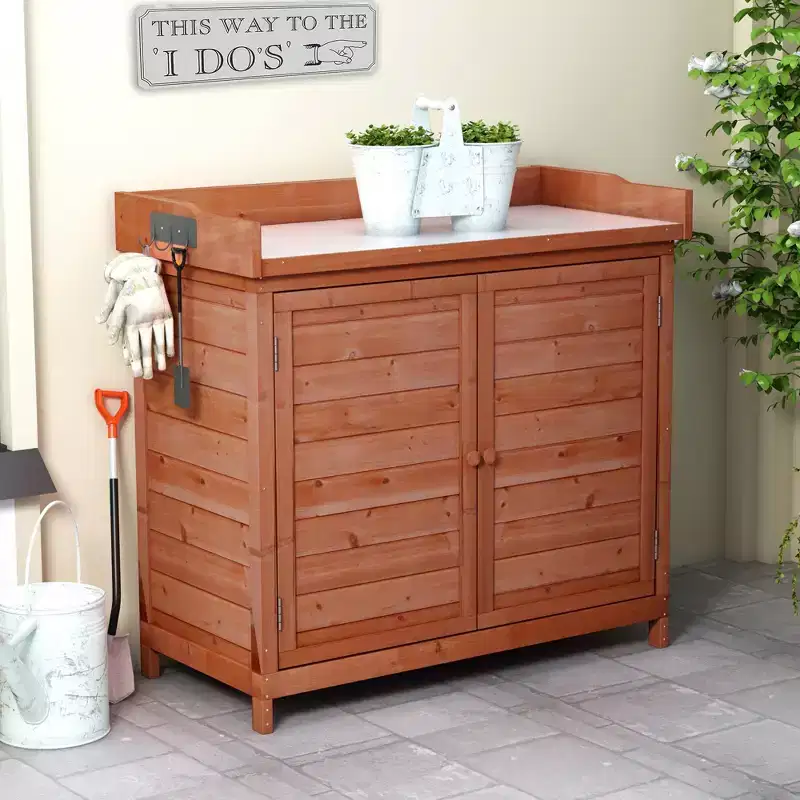 Grey/Orange Wooden Potting Bench with Cabinet, 1-Person, 39