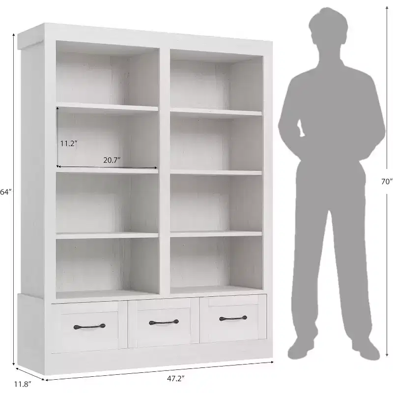Bookcase 64 Tall Double-Wide 4-Tier Shelf with 3 Drawers, Deep Storage for Living Room, Office, Bedroom, 47.2W x 11.8D
