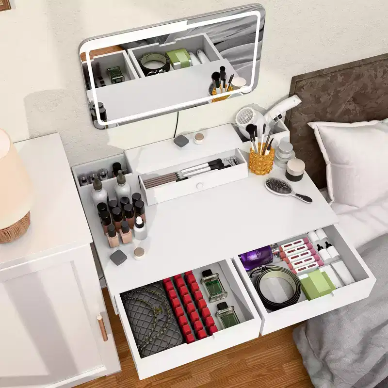 Okak Modern Vanity Desk with Removable Mirror, 3 Color Modes Adjustable Makeup Desk, Dressing Table for Living Room, Bedroom, White