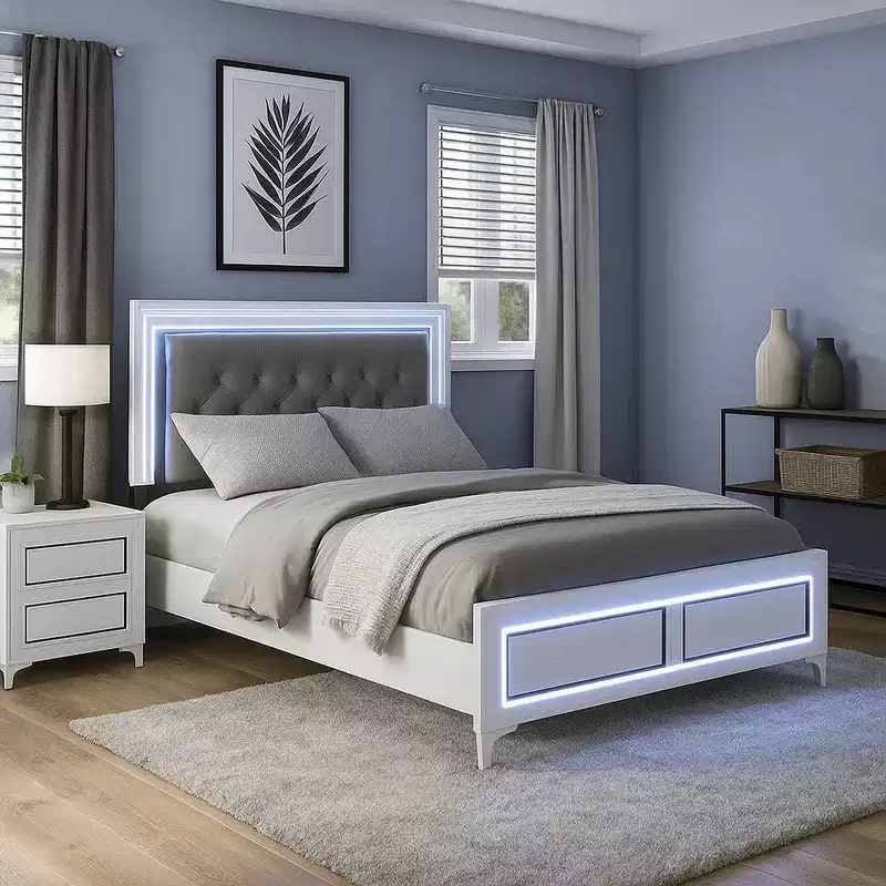 Royal Hampton Queen Size Bed, LED Trim, Button Tufted Headboard, White