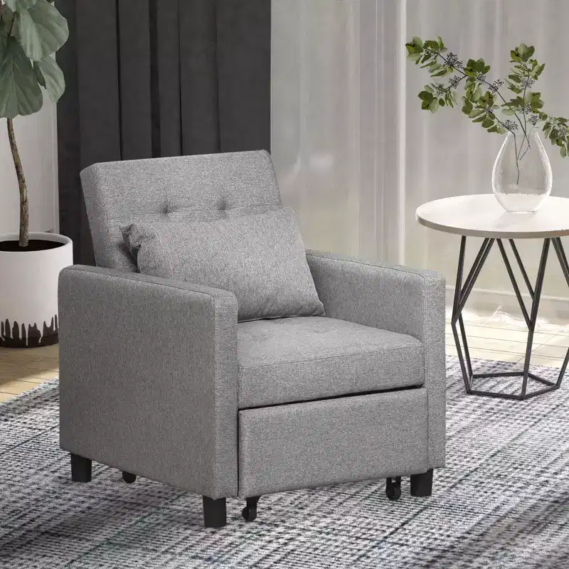 HOMCOM Convertible Sofa Lounger Chair Bed Multi-Functional Sleeper Recliner with Tufted Upholstered Fabric, Adjustable Angle Backrest, Pillow, Gray