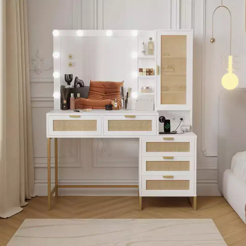 Modern Vanity Makeup Desk with Vanity Mirror, Built-in Lights, 5 Drawers, Power Outlet, Makeup Desk for Bedroom, White & Gold