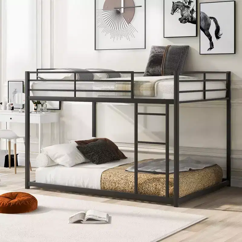 Okak 77.1IN Full-Over-Full Size Metal Floor Bunk Bed, Twin Bed with Ladder and Safety Guardrail, Kids Bunk Beds for Bedroom, Dormitory, Black