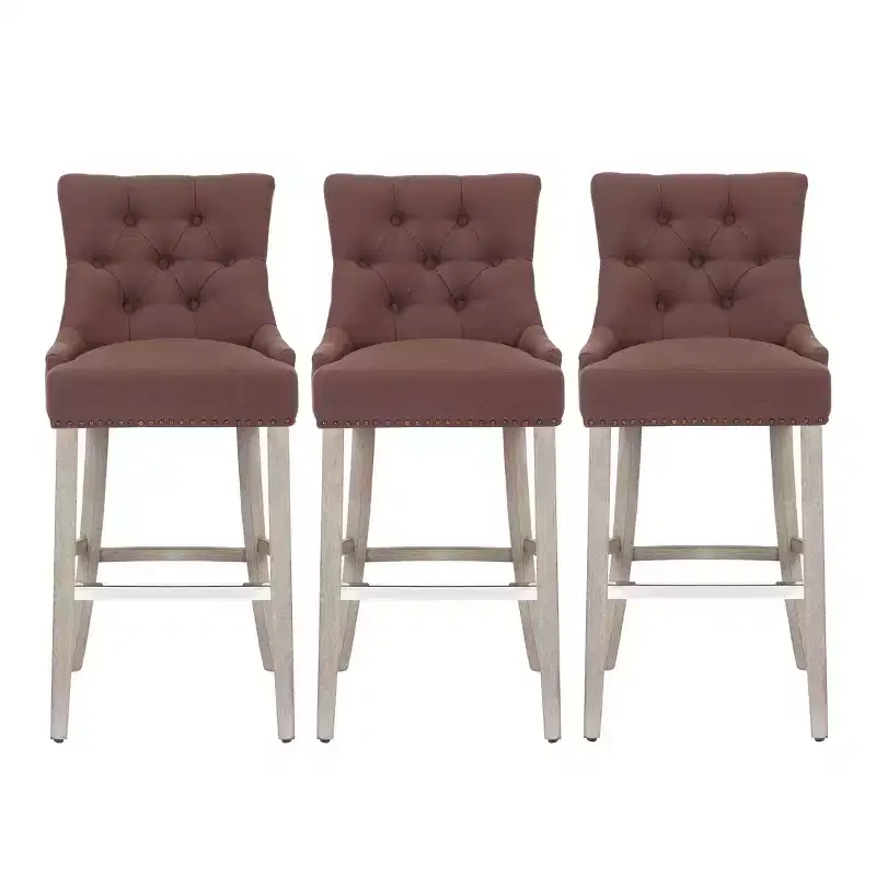 WestinTrends 29 Linen Tufted Buttons Upholstered Wingback Bar Stool (Set of 3), Brown