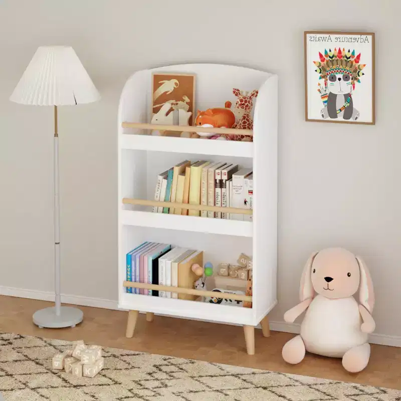 Okak Minimalism Kids Bookshelf, Storage Shelves with 3-Tier, Toy Storage Case for Kids Room, Living Room, Playroom, White