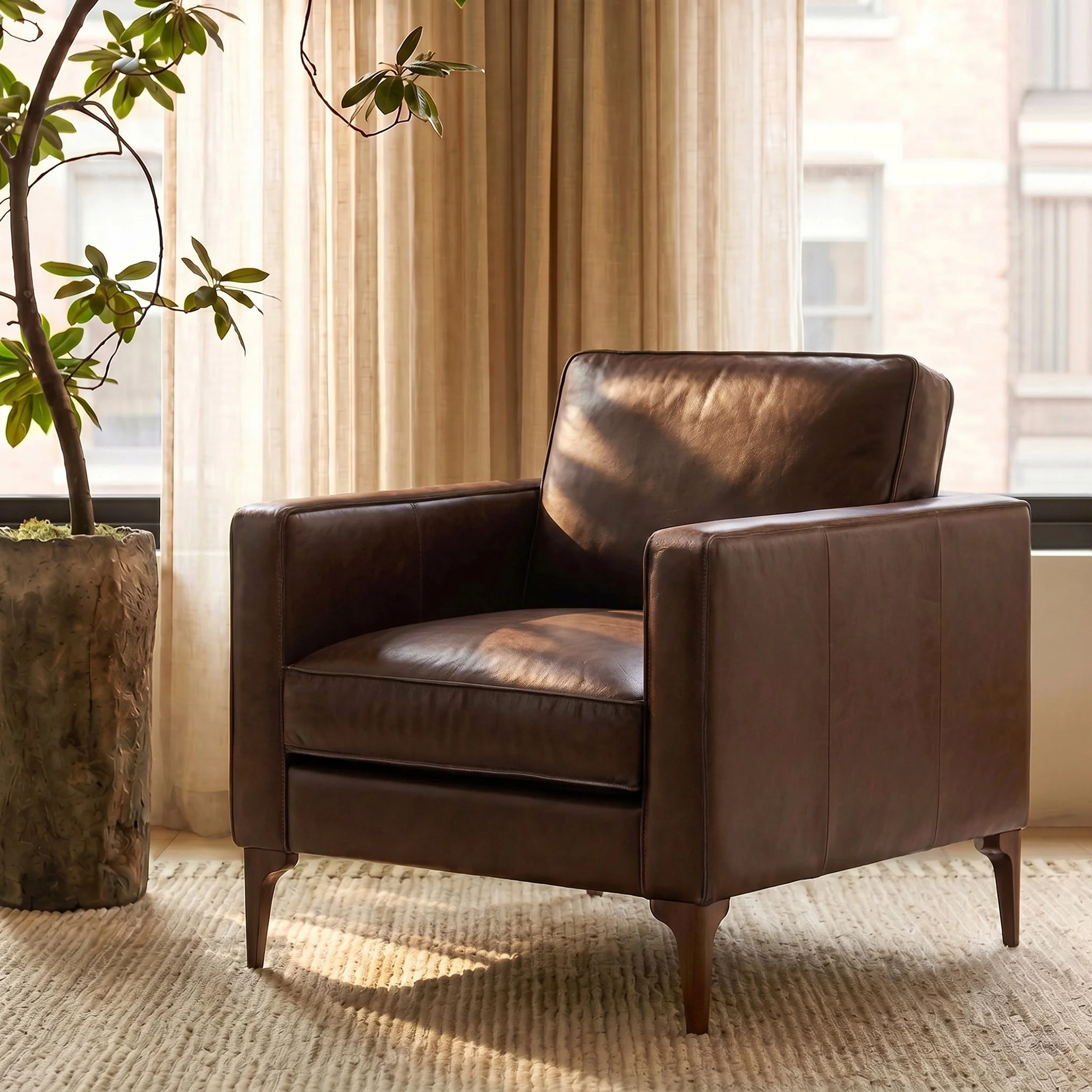 Modern Chocolate Brown Leather Lounge Chair with Kiln-Dried Wood Frame