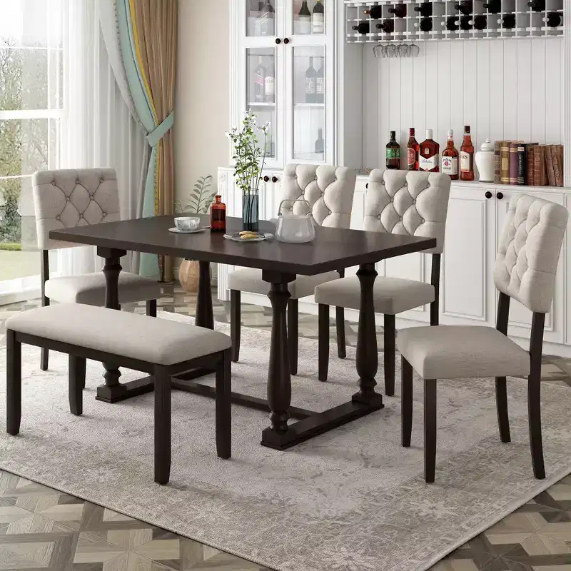Dining Table Set for 6 with Bench Rectangular Table and 4 Upholstered Chairs for Kitchen