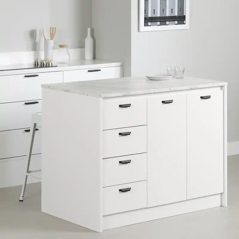 Kitchen Island With Storage - Faux White Marble And White
