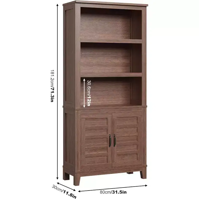 Acekool 5-Tier Bookcase with Door, Rustic Farmhouse Bookshelf, Vintage Walnut Storage Shelf for Home Office, 2-Pack