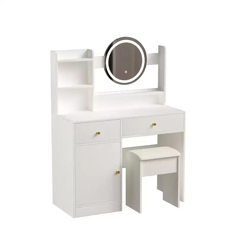 Vanity Desk with LED Lighted Mirror, Modern Bedroom Makeup Table, 3 Lighting Modes & Adjustable Brightness, Cabinet & Upholstered Stool Included