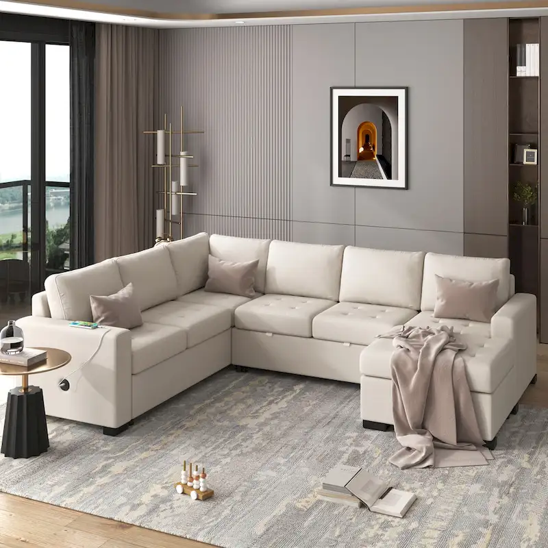Sectional Sleeper Sofa with Pull-out Bed and Lounge Chair, USB and Type-C Interfaces