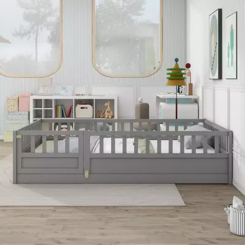 Full Size Floor Bed Frame with Extra-Tall Safety Rails & Entry Door, Wood, Gray