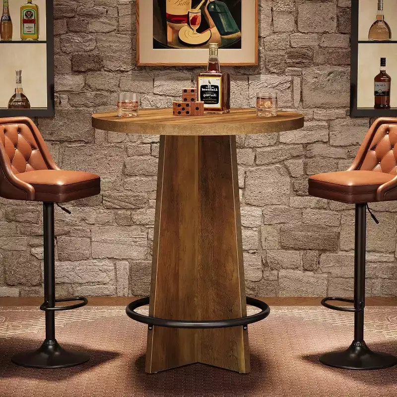 Round Bar Table, 37.4'' Wooden Bistro Pub Table with Base and Metal Ring Footrest for Cafe, Home, Small Space, Only Table