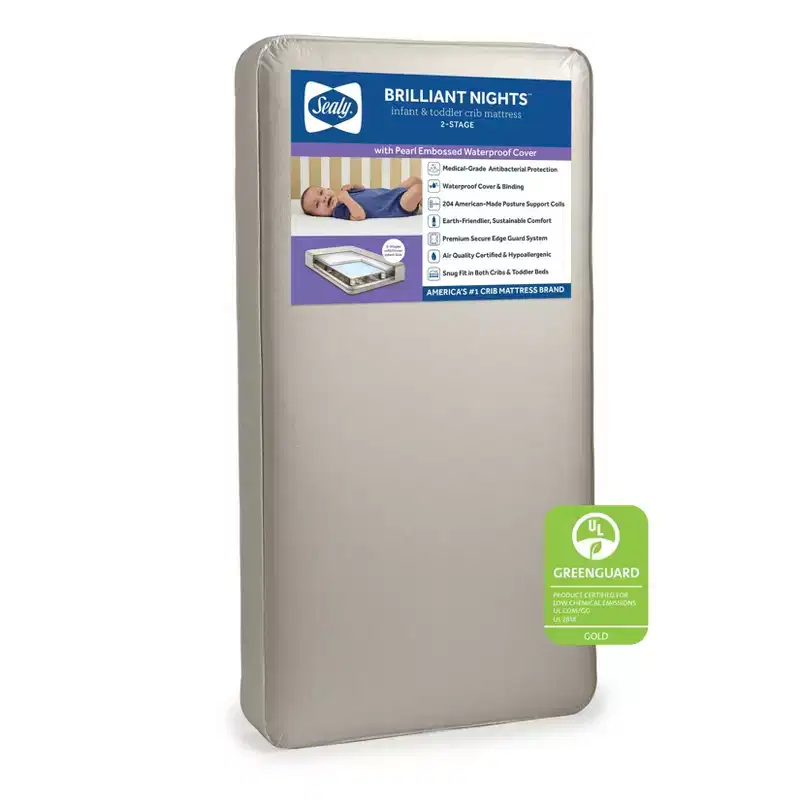 Sealy Brilliant Nights 2-Stage Dual Firmness Crib and Toddler Mattress: Hypoallergenic, Waterproof, Innerspring, Vinyl Cover