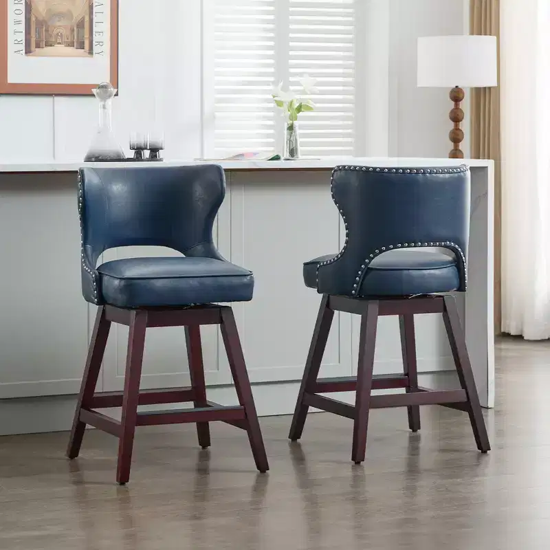 Swivel Nailhead Counter Bar Stools Set of 2 Upholstered 360° Solid Wood Legs 26