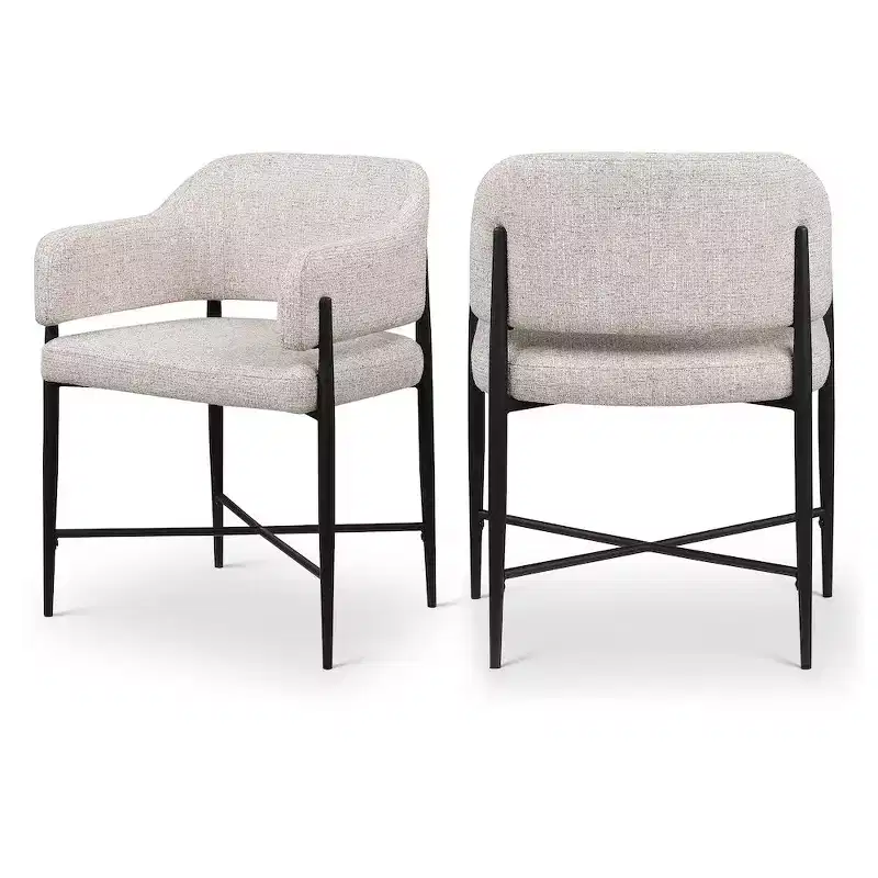 Beige Fabric Upholstered Dining Chair with Matte Black Iron Frame, Set of 2