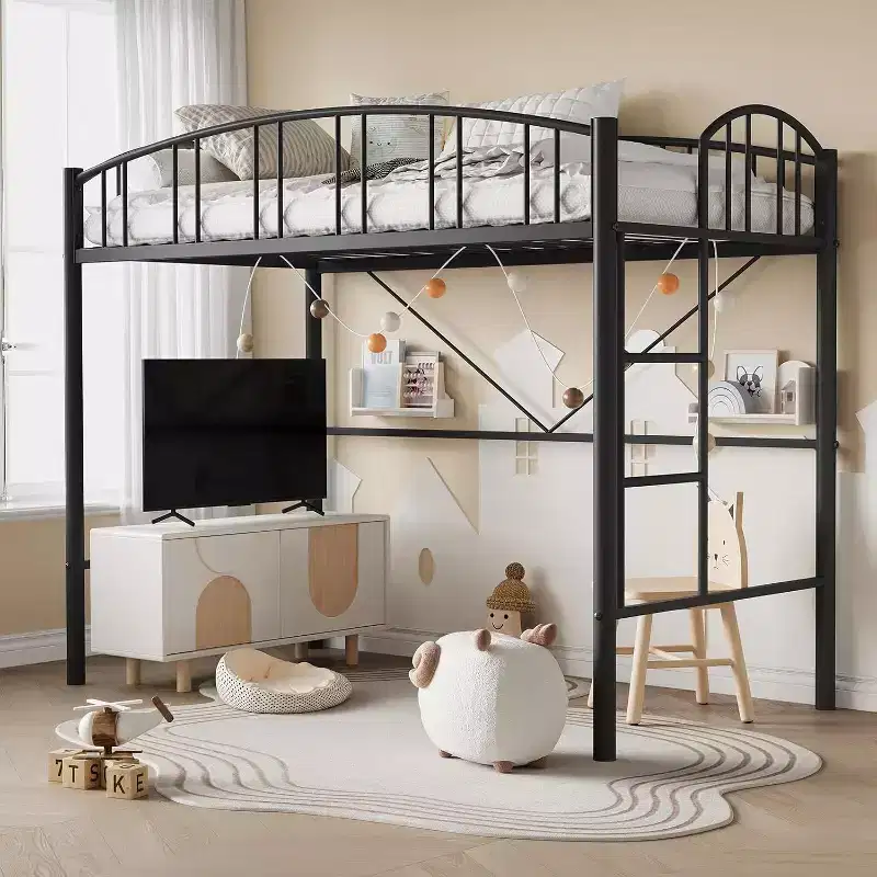 Twin Size Loft Bed with Stairs & Arched Guardrail - Sturdy Metal Slats, Space Saving, Noise Free, No Box Spring, Ideal for Kid Room & Dorm, Black