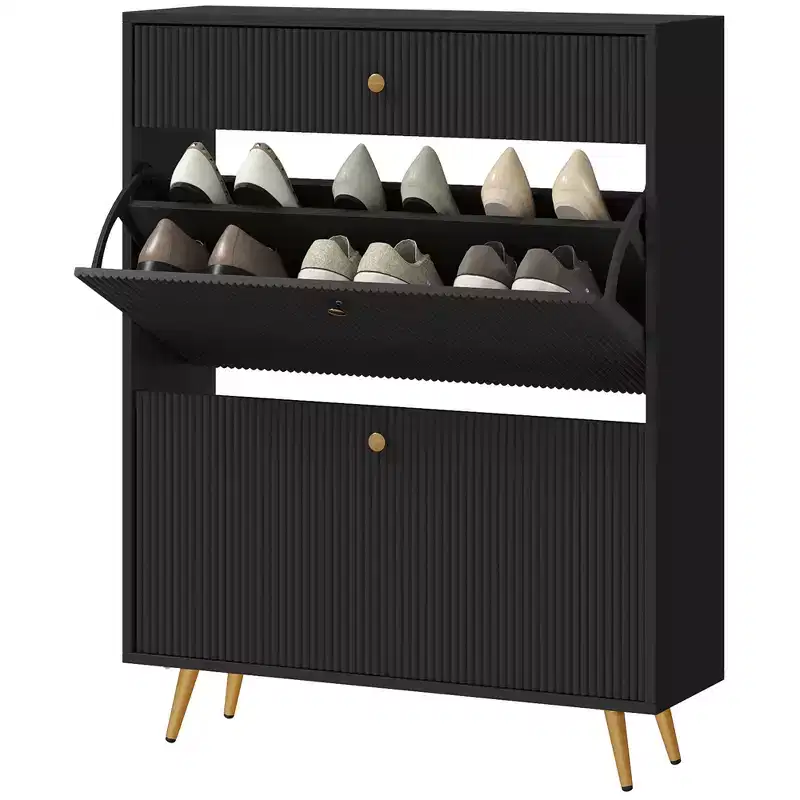 Narrow Shoe Storage Cabinet with Wave-like Panels and Adjustable Shelves for 12 Pairs of Shoes