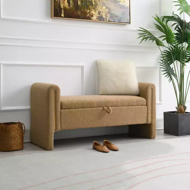 Modern Upholstered Bedroom Bench, Large Storage Ottoman with Armrest for End of Bed, Living Room, Entryway, or Reading Room