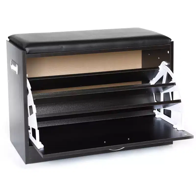 Black Wooden Shoe Storage Bench with Leather Cushion