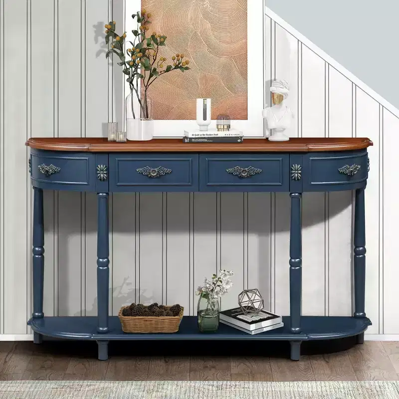 Retro Curved Console Table with 2 Drawers and Open Shelf - Farmhouse Entryway Table