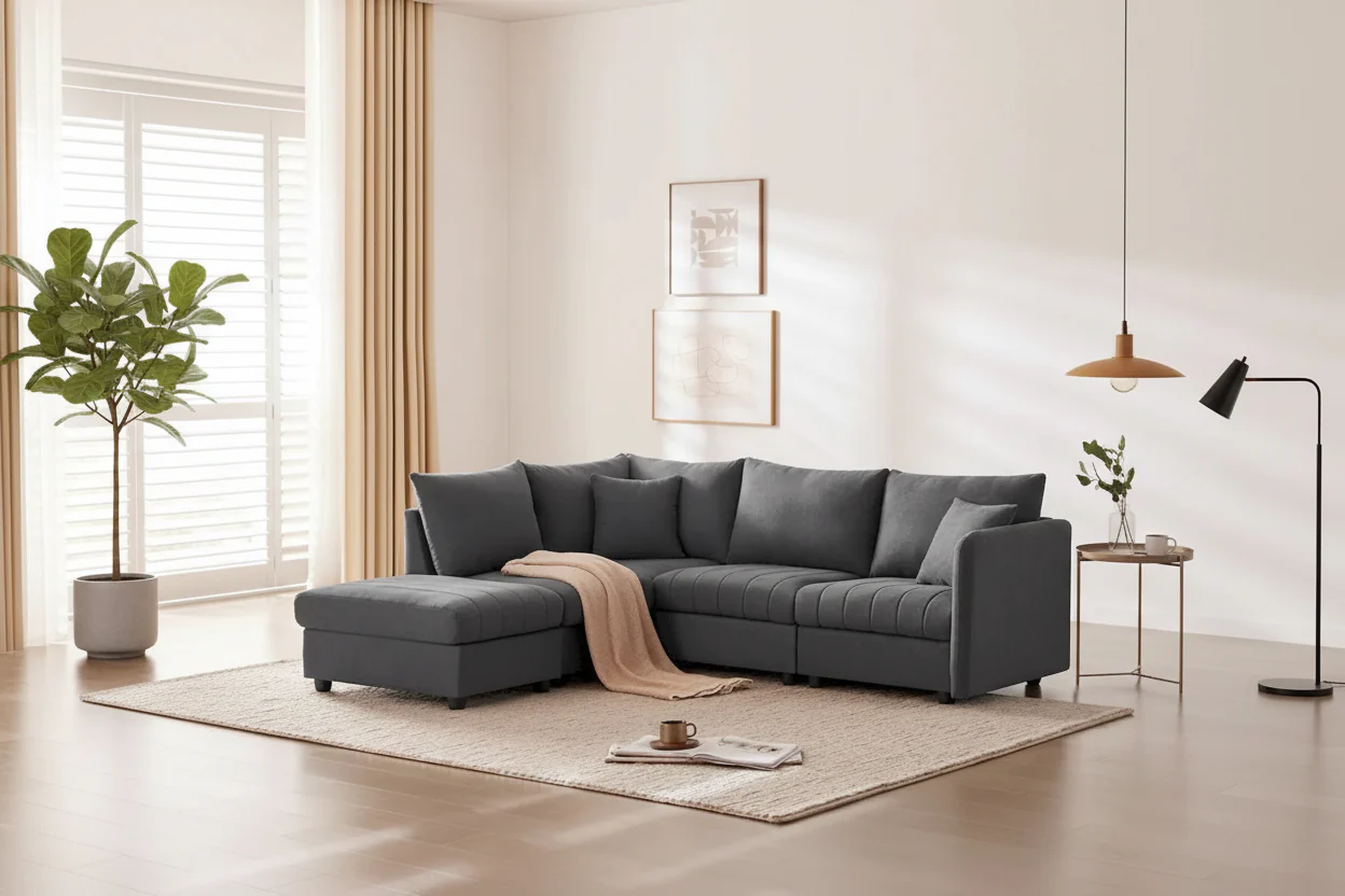 Modern 5-Seat L-Shape Sectional Sofa with Vertical Stripes, 2 Pillows, Convertible Ottoman