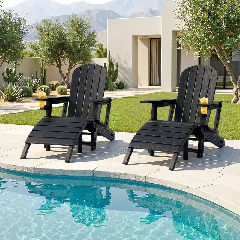 Celebalcony Adirondack Chairs Set with Umbrella Hole Removable Tray & 2 Curved Ottoman, HDPE Plastic Outdoor Chairs for Patio Pool