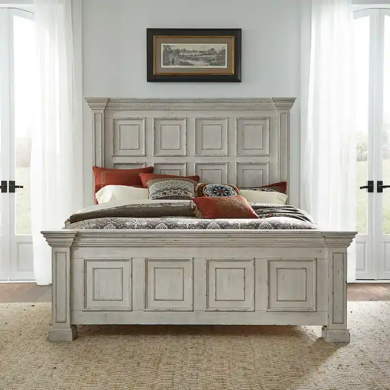 Queen Panel Bed | Whitestone Distressed Finish | Rubberwood & Crown Molding | Traditional Style