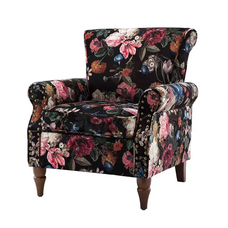 Araceli Traditional Wooden Upholstered Floral Armchair with Wingback and Nailhead Trim| ART OF LIVING DESIGNS