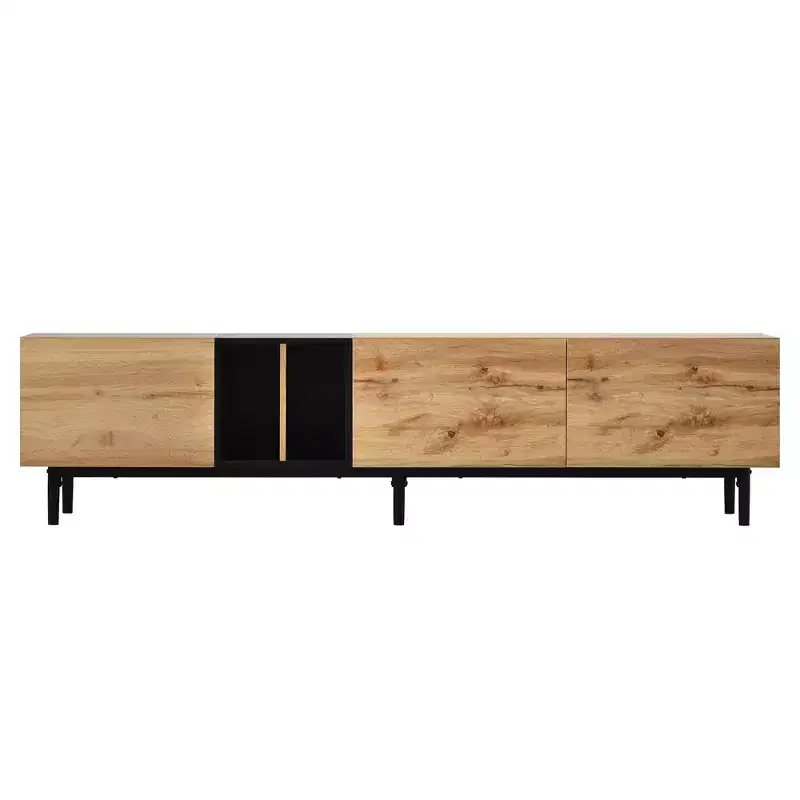 VIYET 77Modern TV Stand for 80 TVs, Natural Wood MDF Media Console w/ 3 Drop Down Doors & Large Storage