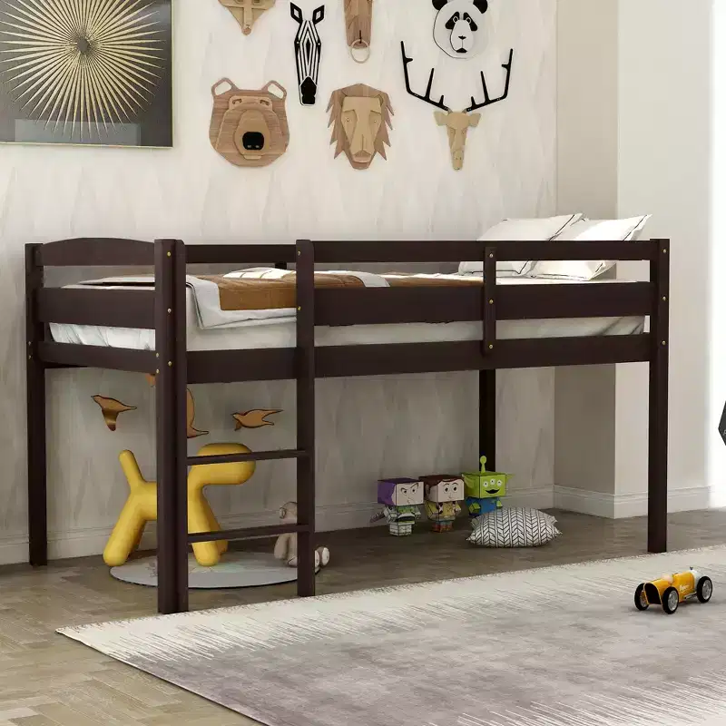 Whisen Modern Design Twin Wood Loft Bed Low Loft Beds with Ladder, A Beautiful Piece for Bedroom