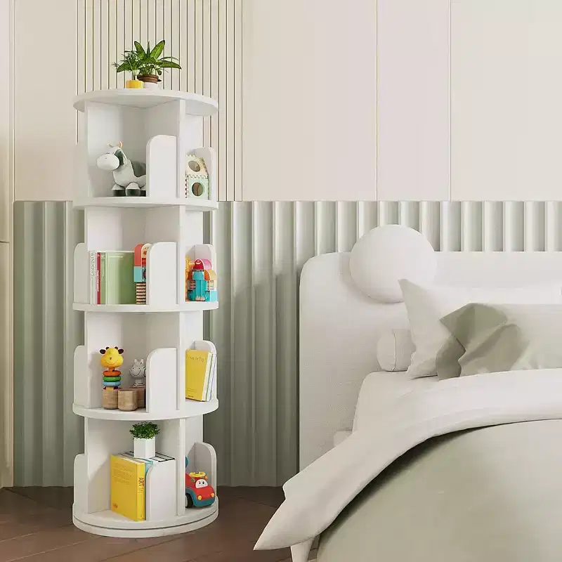 360 Rotating Bookcase, 4-Tier Spinning Corner Book Shelf, Display Organizer for Small Space, Storage Rack for Office, Living Room, White
