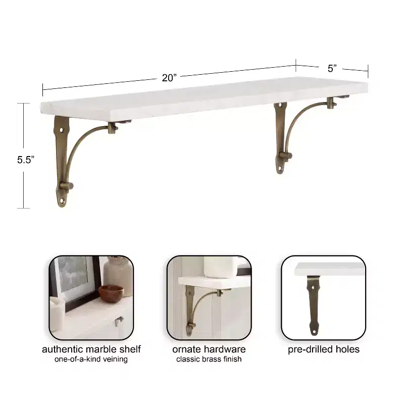 Kate and Laurel Hatley Marble Wall Shelf, White and Gold, 20