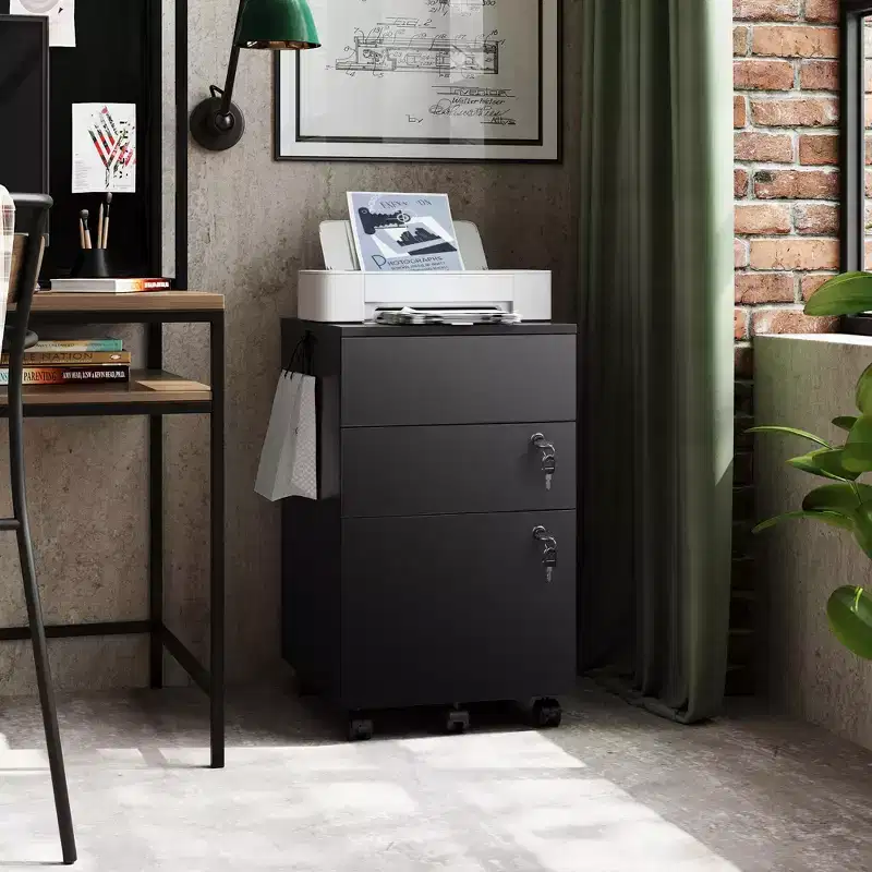 DEXYLLO 3-Drawer Rolling File Cabinet with Lock, Wood Under Desk Filing Cabinet for Home Office, Fits Letter/Legal/A4 Size