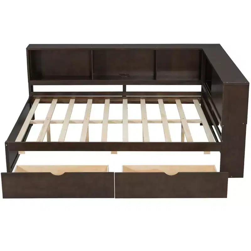 Full Size Wood Daybed with Storage Shelves, USB, LED, and Trundle