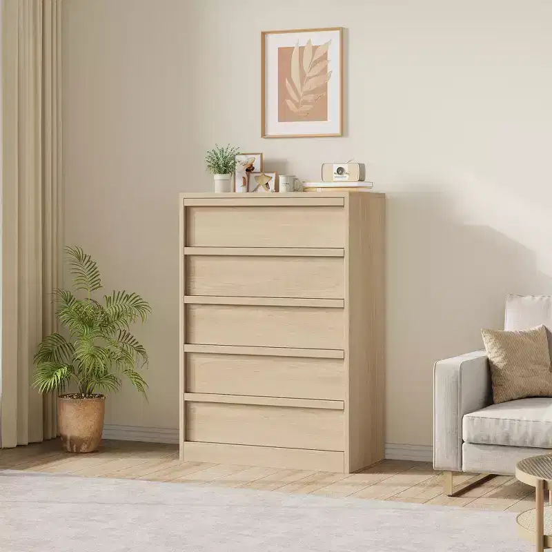 5-Drawer Dresser for Bedroom, Modern Tall 5-Drawer Dresser with Large Drawers, Wooden Dresser Organizer for Living Room, Nursery, Entryway, Natural