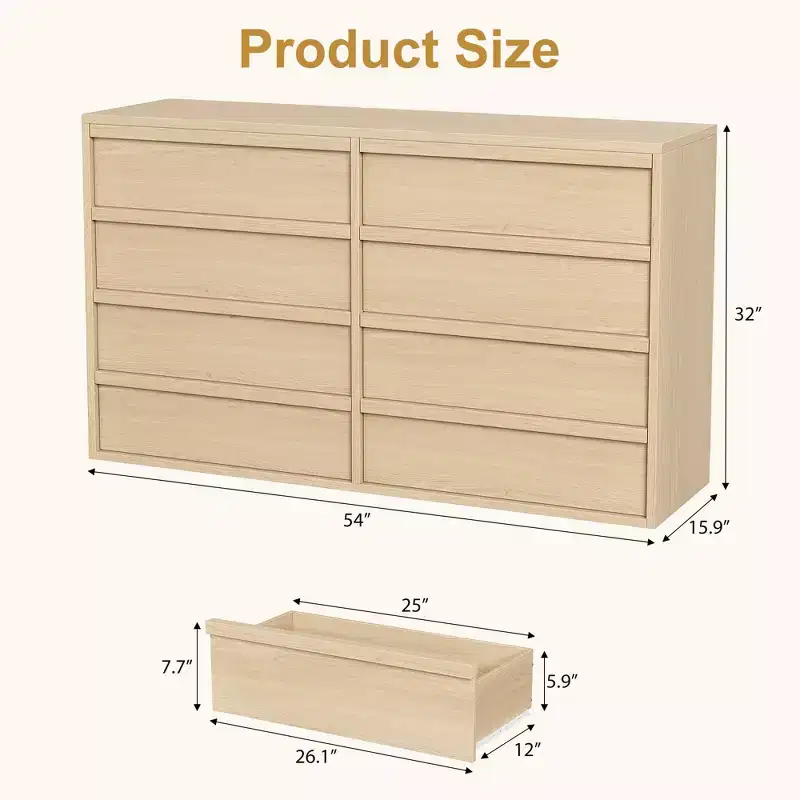 8 Drawer Dresser for Bedroom, 54In Wide Natural Oak with Large Storage, Wooden Dresser Organizer for Living Room, Nursery, Entryway