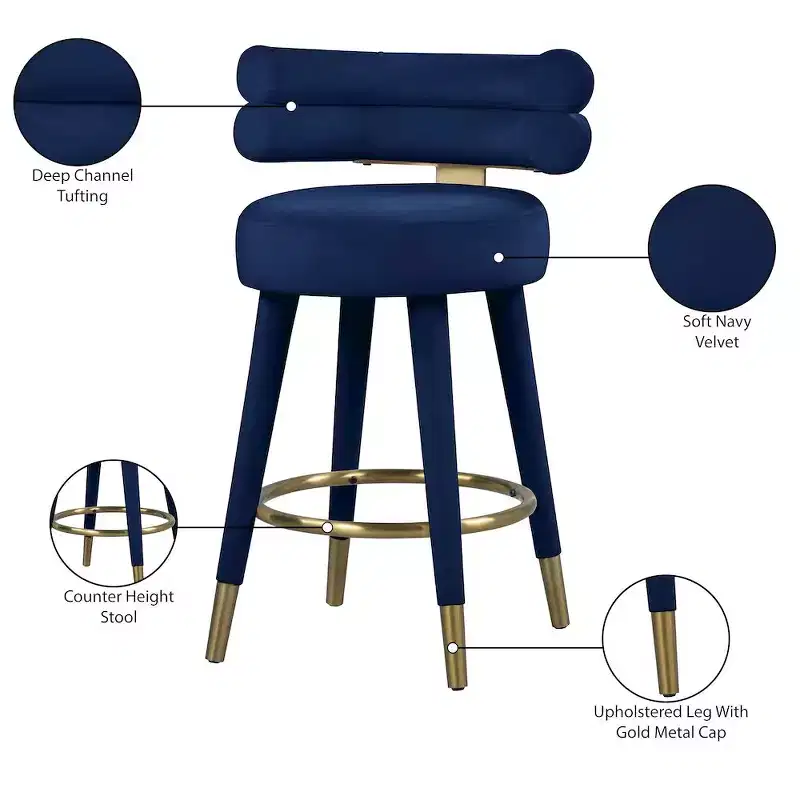 Meridian Furniture,Fitzroy Navy Velvet Counter Stool, Set of 2